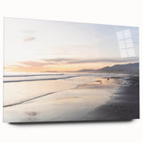 Large abstract wall art of Santa Barbara in muted ocean blues on acrylic glass, ideal for bedroom or dining room decor.