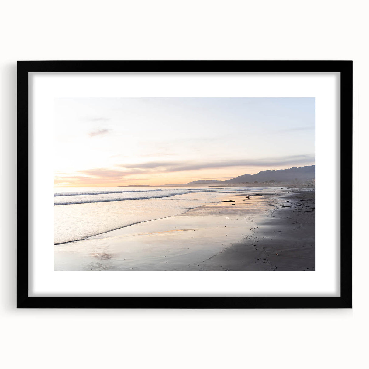 Colorful abstract art print of textured Santa Barbara scenery in a black frame, ideal for living room decor.