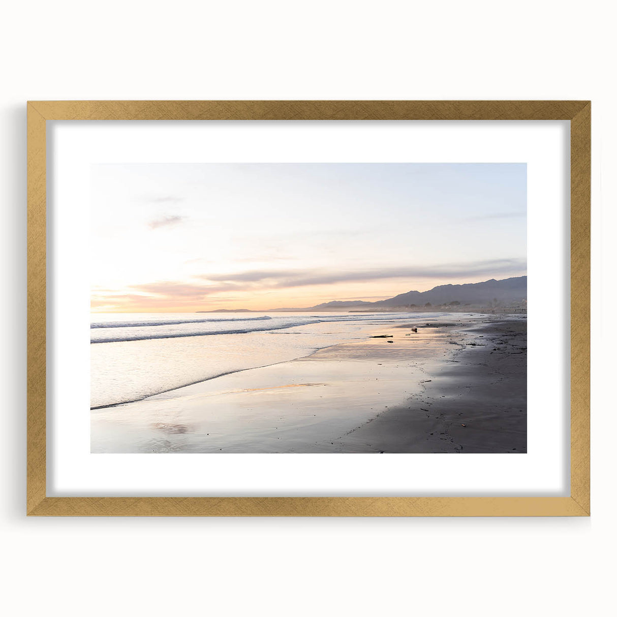 Extra large abstract art print of Santa Barbara scenery in gold frame, featuring textured brush strokes in earthy tones.