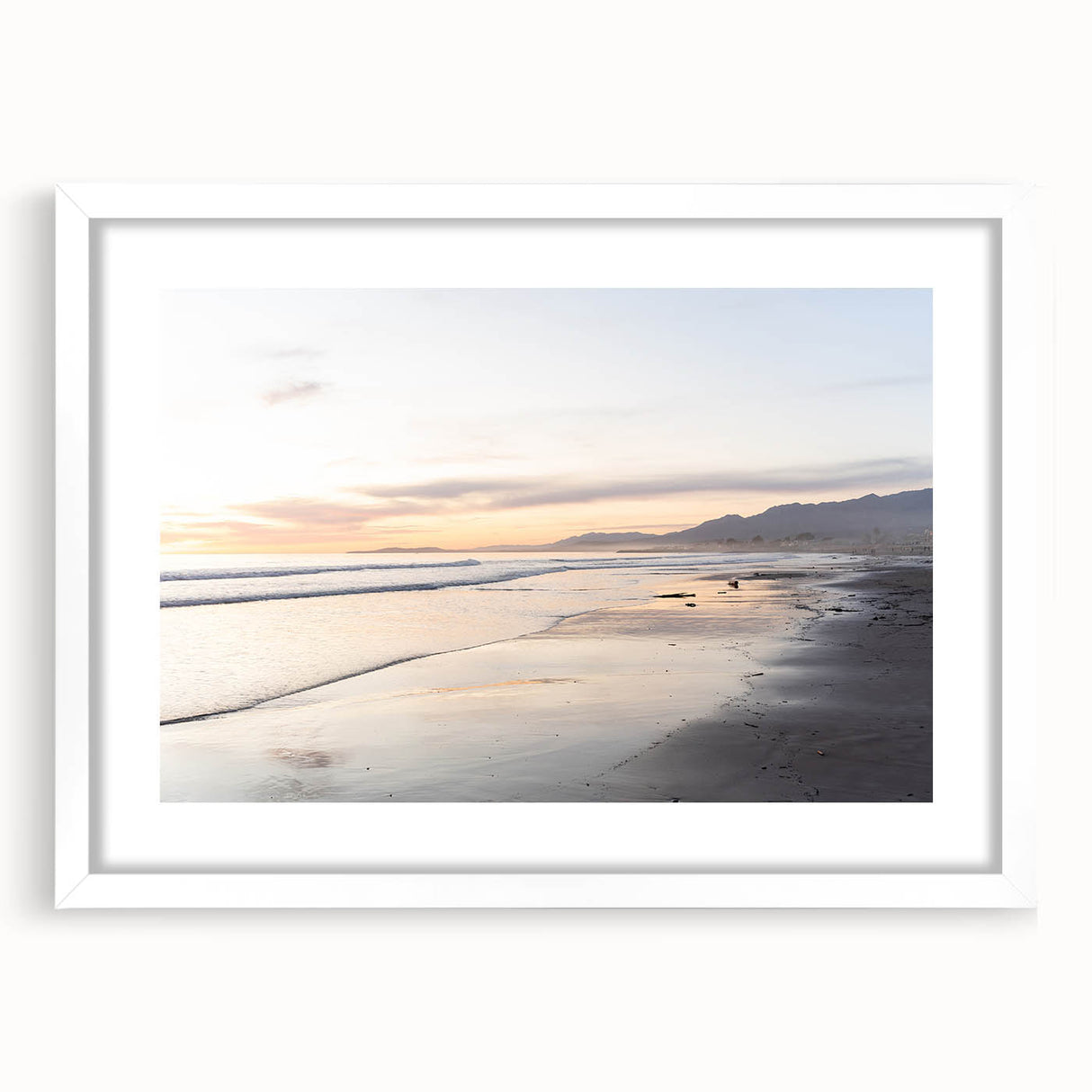 Abstract art print of Santa Barbara scenery in muted earth tones on a framed white mat, suitable for dining room decor.