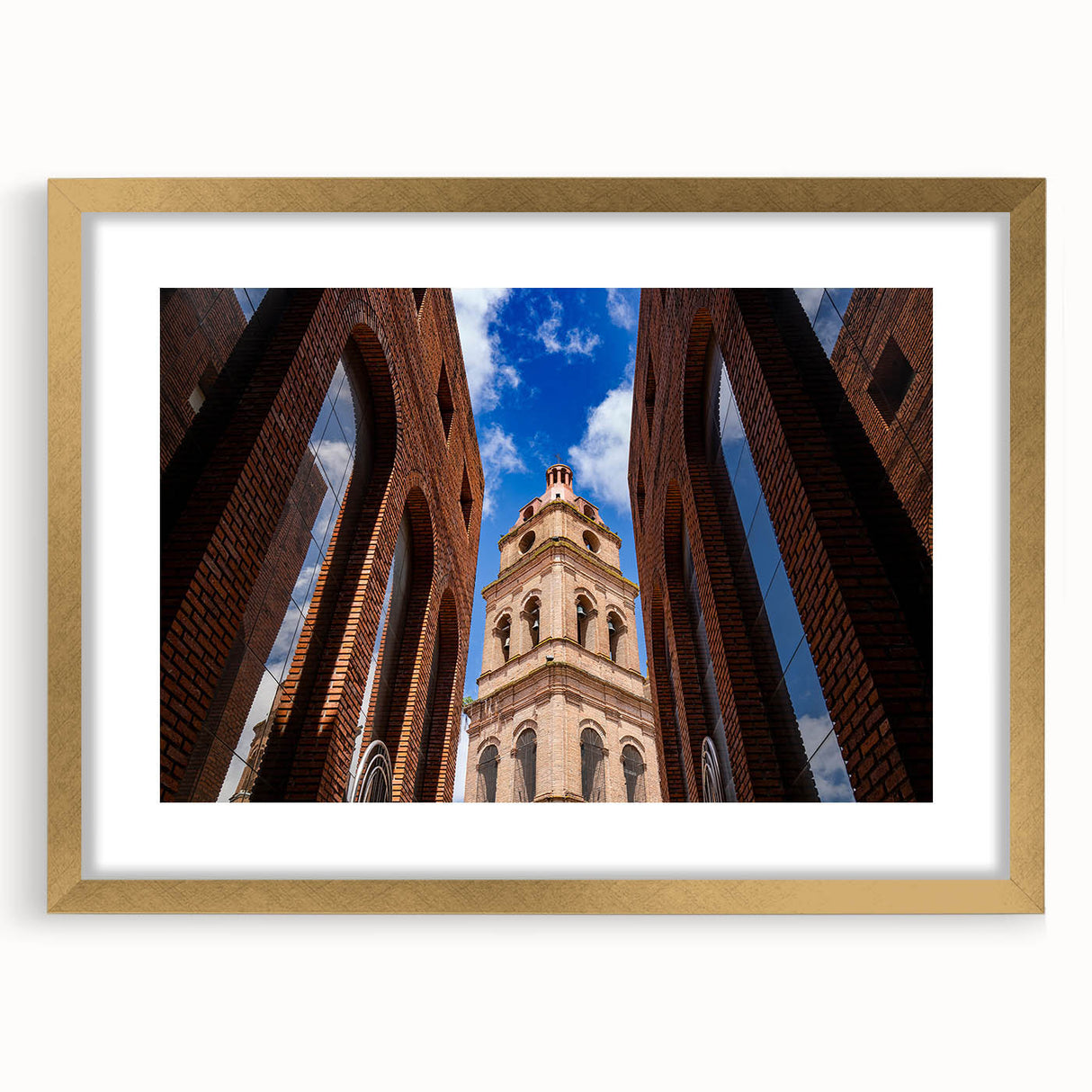 Extra large abstract art print of Santa Cruz scenery in gold frame, featuring textured brush strokes in muted earth tones.