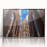 Mid-century modernist art depicting Santa Cruz scenery in muted earth tones on a framed acrylic print.