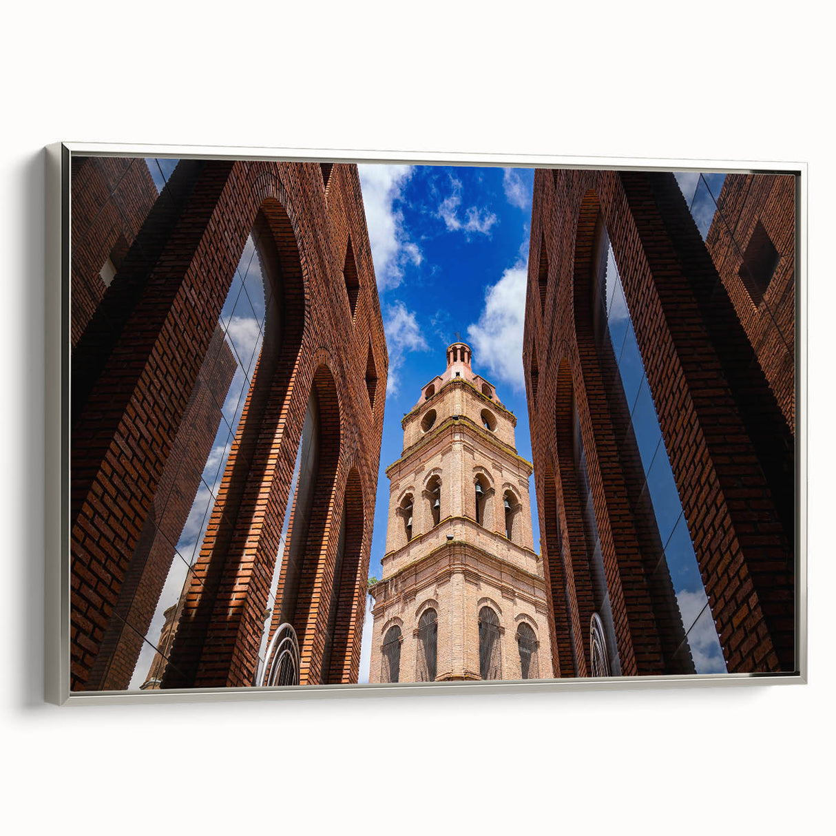 Framed canvas landscape art painting of Santa Cruz with colorful artwork and vintage poster style.