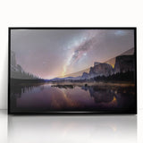 Large abstract wall art depicting Yosemite scenery in mid-century modernist style, framed in black acrylic.