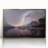 Large art print of Yosemite scenery in mid-century modernist style with muted earth tones, framed in gold acrylic.