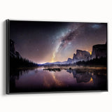Black and white framed canvas of Yosemite landscape, ideal for bedroom wall art with a vintage poster style.