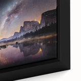 Extra large framed canvas of Yosemite scenery in black with colorful, textured art accents, suited for living room decor.