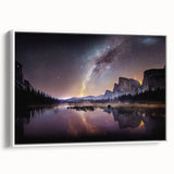 Vintage poster art of Yosemite scenery on a white-framed canvas, ideal for living room decor with muted earth tones.