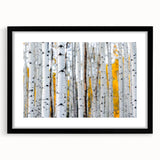 Extra large abstract art print of Colorado Aspen scenery in vibrant colors on a textured canvas, framed in black.