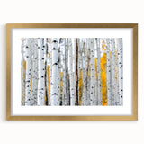 Extra large abstract art print of Aspen scenery in textured colors, framed in gold, ideal for living room decor.