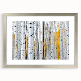 Textured art print of abstract Aspen, Colorado scenery in muted earth tones, framed in silver, ideal for bedroom decor.