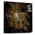Acrylic print of a large abstract depiction of Denver skyline in muted blue and green tones.