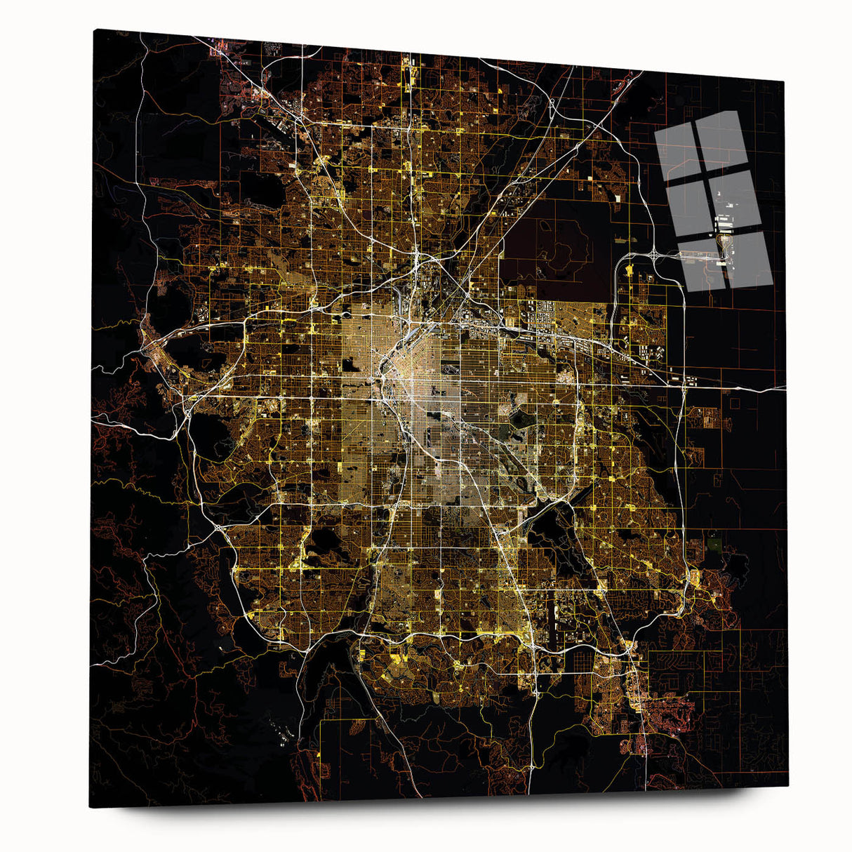 Large abstract depiction of Denver skyline in muted blue and gray on acrylic glass, ideal for bedroom or dining room art.