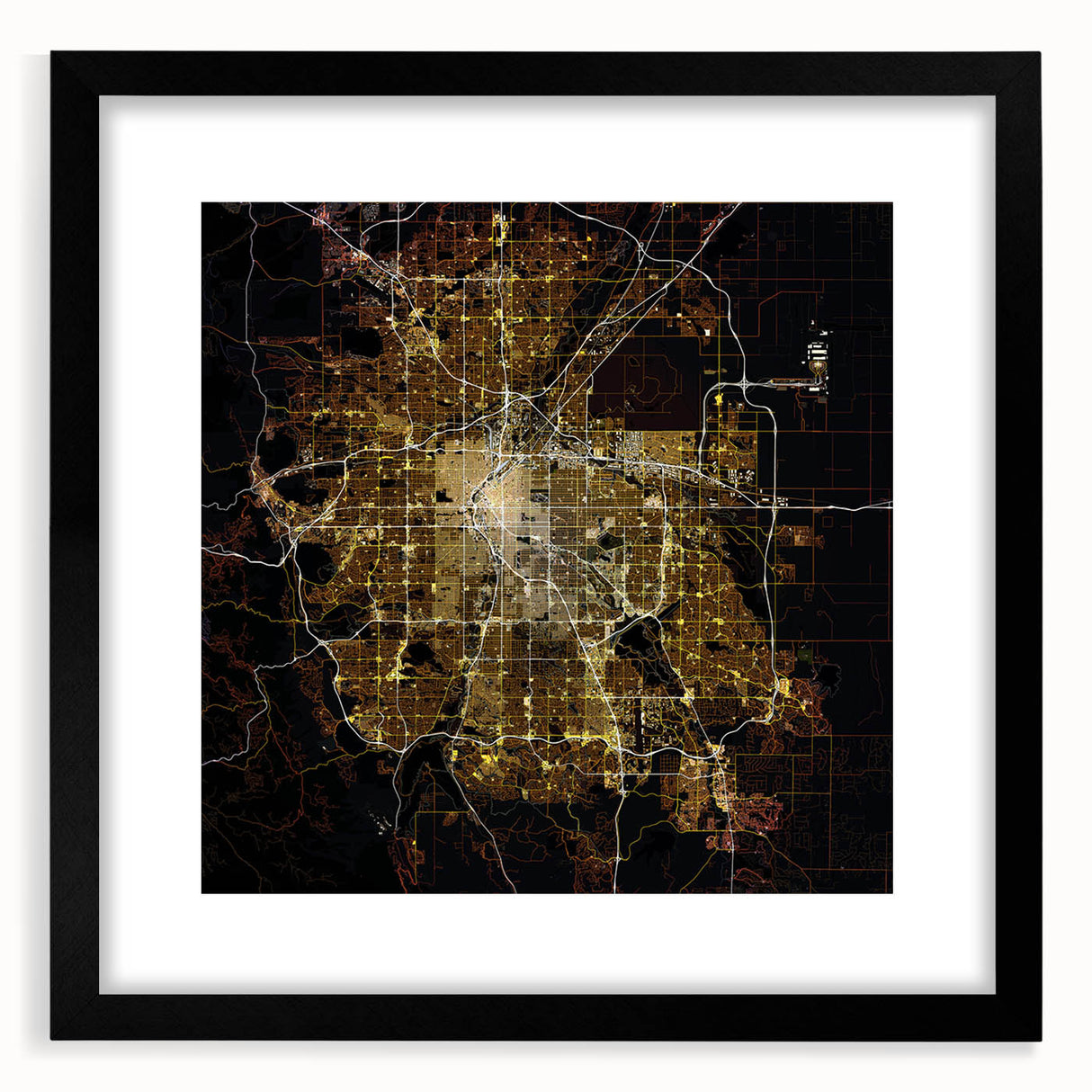 Extra large abstract art print of Denver scenery in vibrant colors on a textured canvas, framed in black.