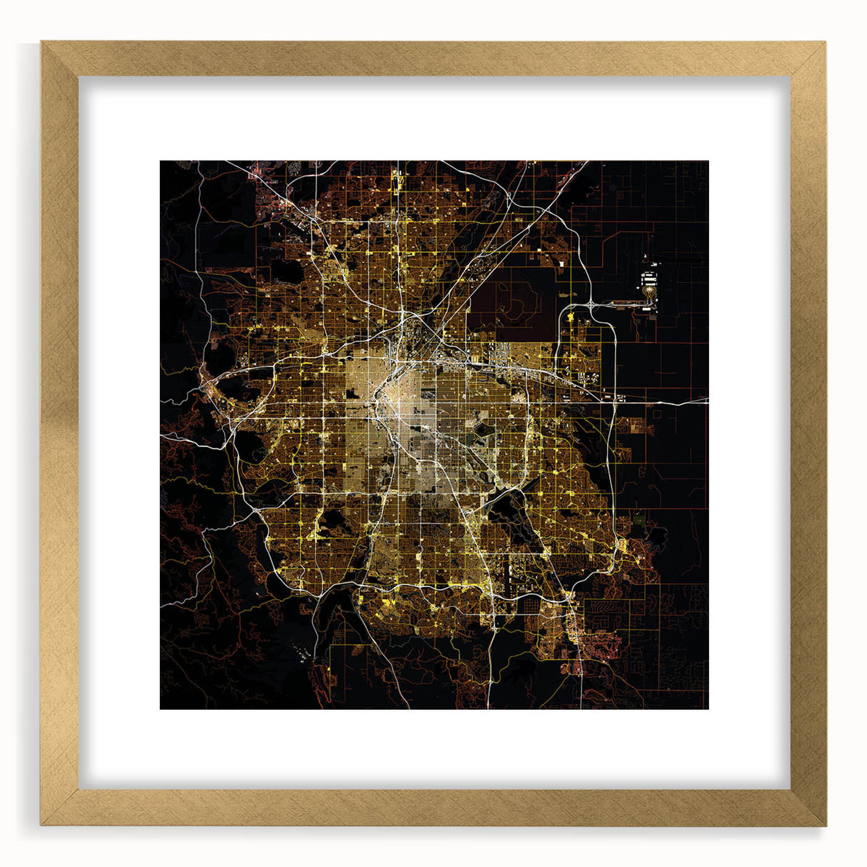 Extra large abstract art print of Denver skyline, featuring textured brush strokes in a gold frame.