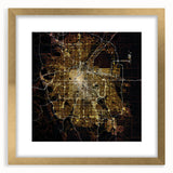 Extra large abstract art print of Denver skyline, featuring textured brush strokes in a gold frame.