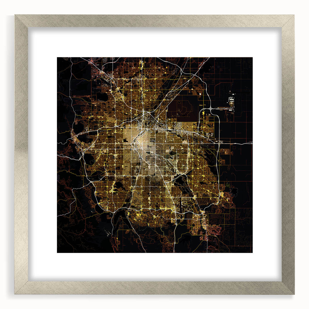Textured abstract art print of Denver scenery in muted earth tones, framed in silver, ideal for bedroom art.