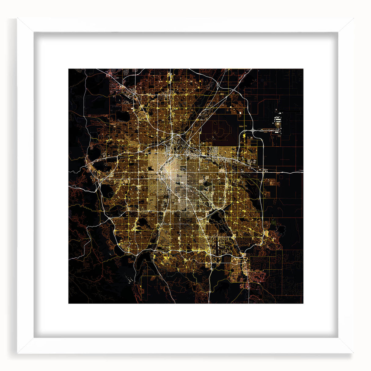 Abstract art print of Denver skyline in muted gray and blue tones, framed in white, ideal for dining room decor.
