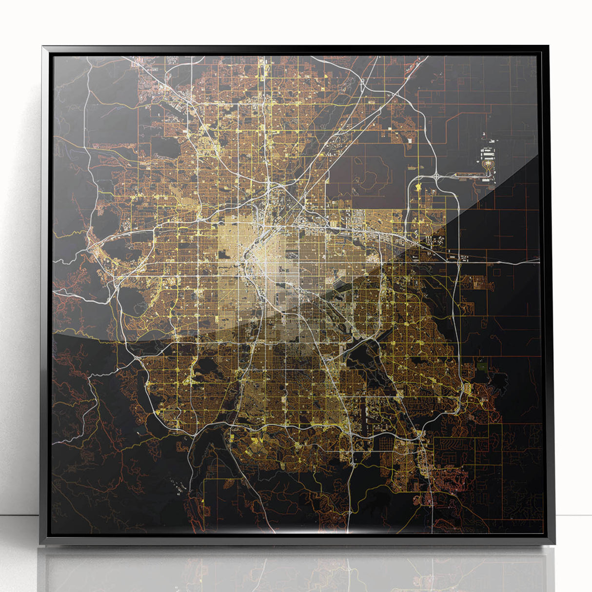 Large abstract wall art depicting Denver's skyline in muted earth tones on a framed acrylic.