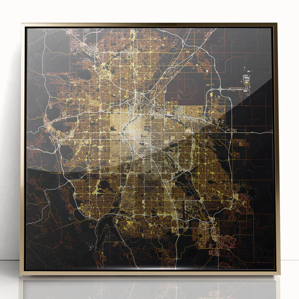 Framed acrylic print of Denver skyline in muted gold and blue tones, ideal for modern art wall decor.