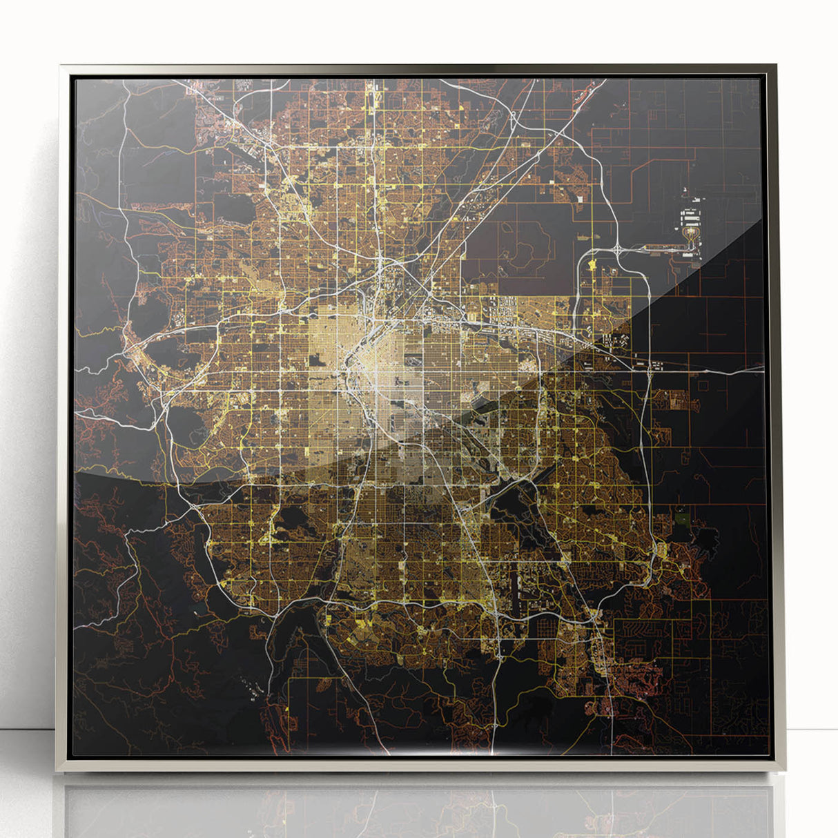 Mid-century modernist art depicting Denver skyline in muted blue and silver tones on framed acrylic.