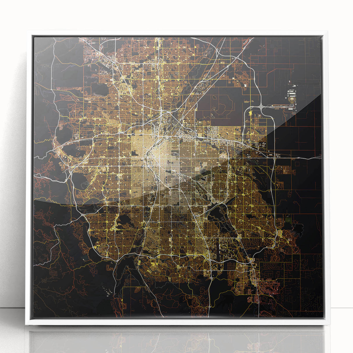 Framed acrylic print of Denver skyline in muted colors, ideal for modern art wall decor in a nursery.