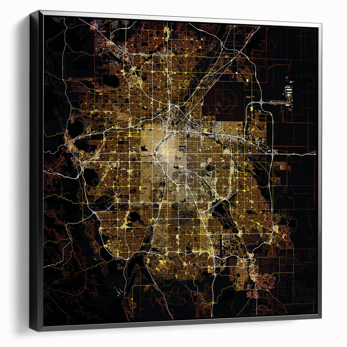 Black and white framed canvas of Denver landscape, ideal for bedroom wall art.