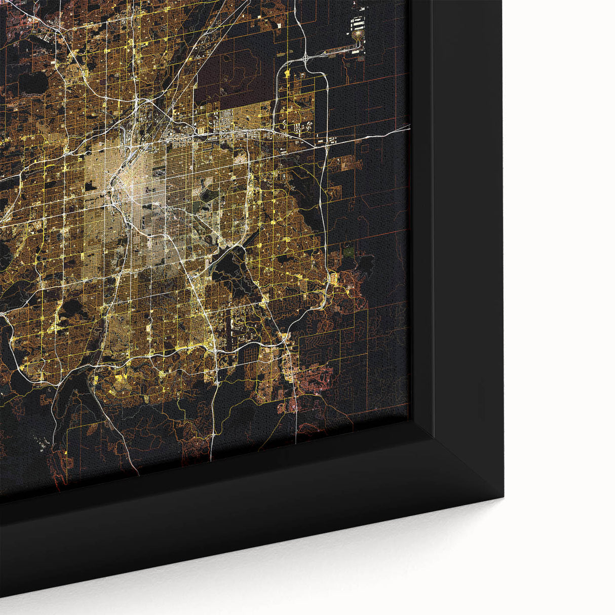Black wall art depicting a close-up of textured Denver scenery in vibrant colors on framed canvas.