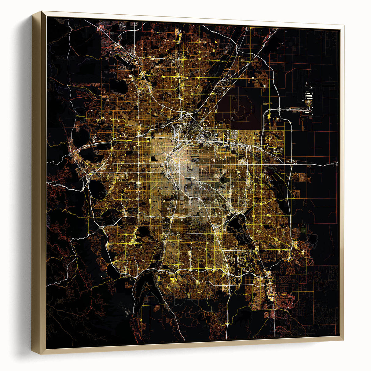 Framed canvas of Denver landscape in silver and gold tones, ideal for bedroom wall art.