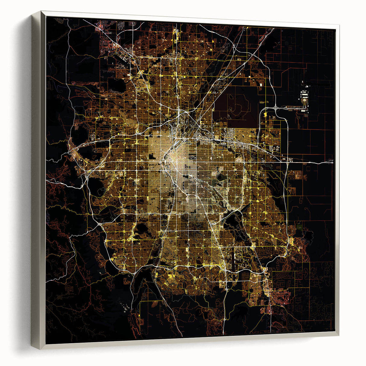 Landscape art painting of Denver, Colorado in vibrant colors on a silver-framed canvas, ideal for office decor.