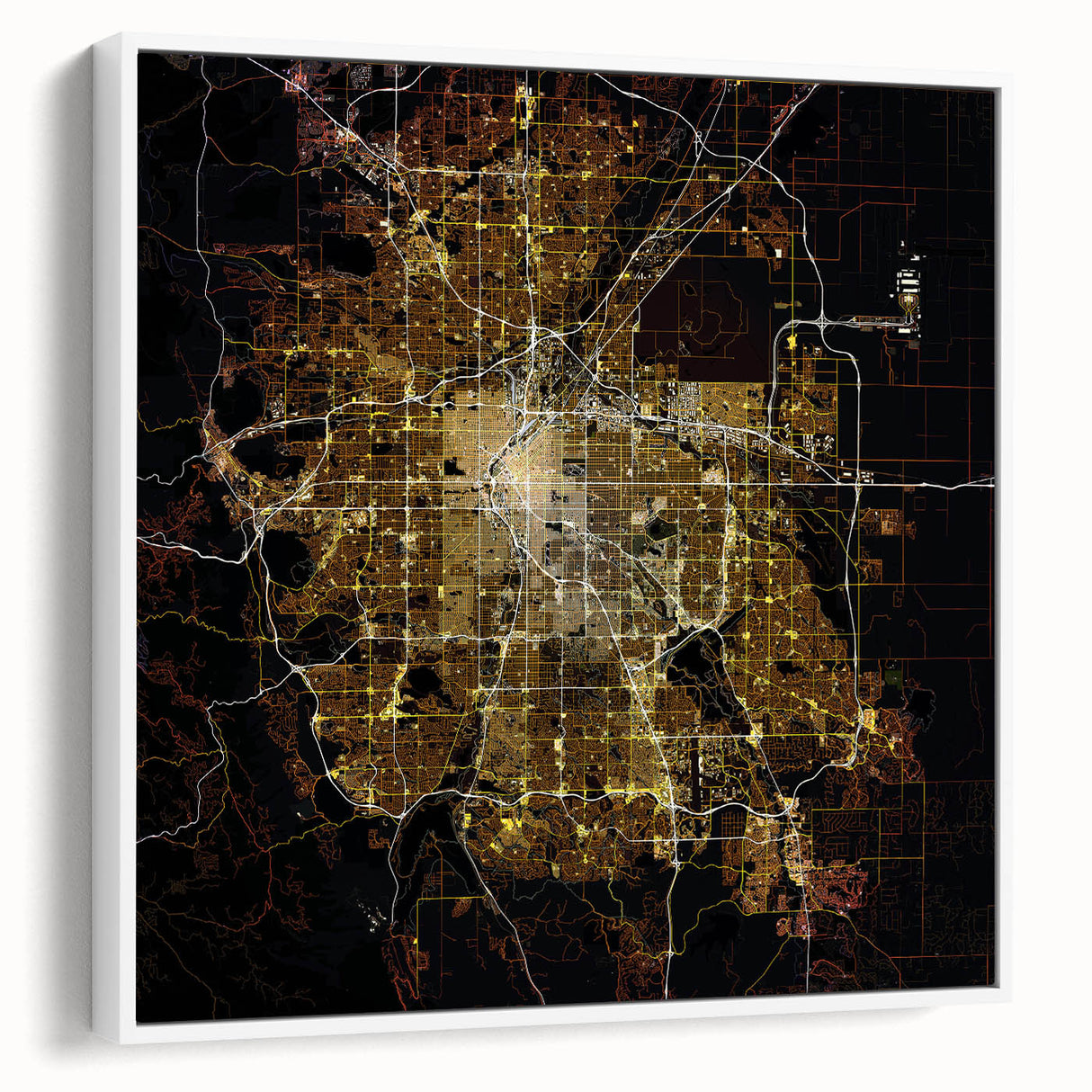 Vintage poster art of Denver skyline on extra large framed canvas with colorful accents, ideal for living room decor.
