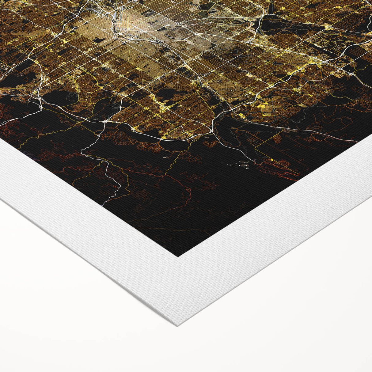 Art deco poster of Denver skyline in muted gold and blue tones on rolled canvas, suited for dining room decor.