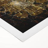 Art deco poster of Denver skyline in muted gold and blue tones on rolled canvas, suited for dining room decor.