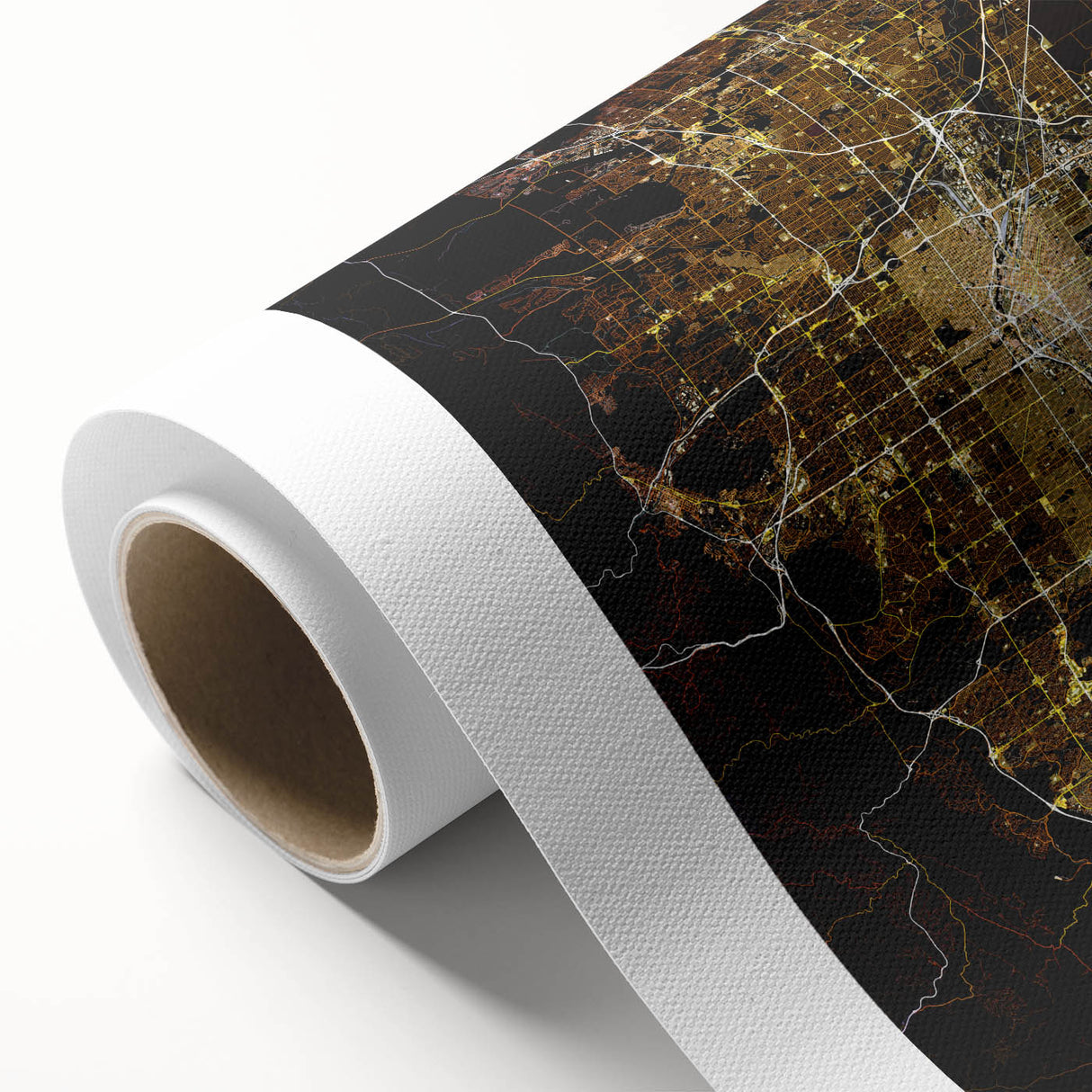 Art Deco poster of Denver skyline in muted gold and blue tones on rolled canvas, ideal for nursery wall art.