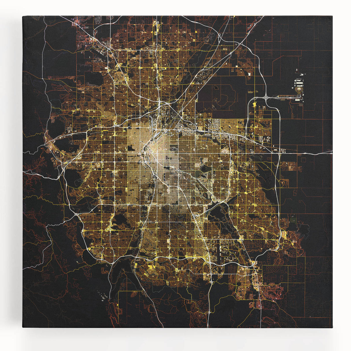 Black and white stretched canvas of Denver skyline, ideal for kitchen wall art.