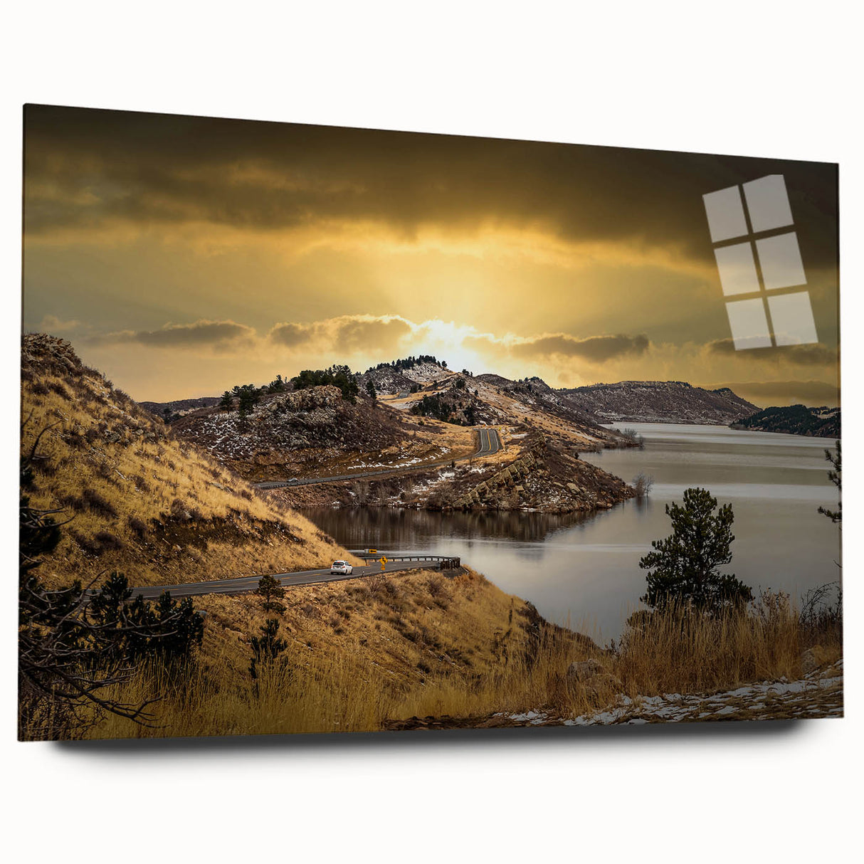 Acrylic print of a large abstract depiction of Colorado Springs in muted earth tones, ideal for bedroom or dining room art.