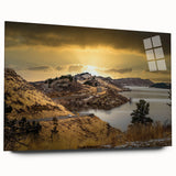 Acrylic print of a large abstract depiction of Colorado Springs in muted earth tones, ideal for bedroom or dining room art.