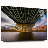 Large abstract wall art depicting Connecticut scenery in muted blue and green tones on acrylic glass.