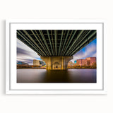 Abstract art print of Connecticut scenery in muted green and blue tones, framed with a white mat.