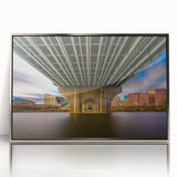 Mid-century modernist art depicting Connecticut scenery in muted colors on a silver-framed acrylic print.