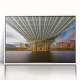 Art deco poster of Connecticut scenery in muted blue and green, acrylic print in white frame.