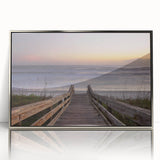 Mid-century modernist art of Daytona scenery in muted blue tones on a silver-framed acrylic print.