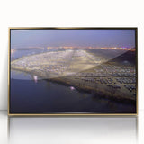 Mid-century modernist Delaware scenery in muted earth tones on a framed acrylic, ideal for modern art wall decor.