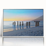 Art deco poster of Florida Keys scenery in pastel colors on white framed acrylic, suitable for modern nursery wall art.