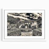 Abstract art print of Savannah scenery in muted green and blue tones on a framed white mat, ideal for dining room decor.