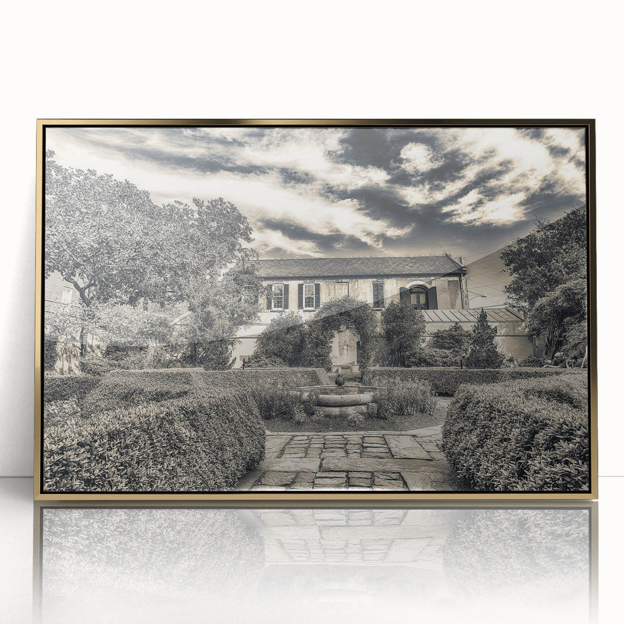 Mid-century modernist Savannah, Georgia skyline in gold and teal tones on a framed acrylic, ideal for modern art wall decor.