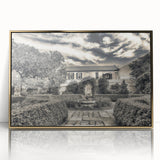 Mid-century modernist Savannah, Georgia skyline in gold and teal tones on a framed acrylic, ideal for modern art wall decor.