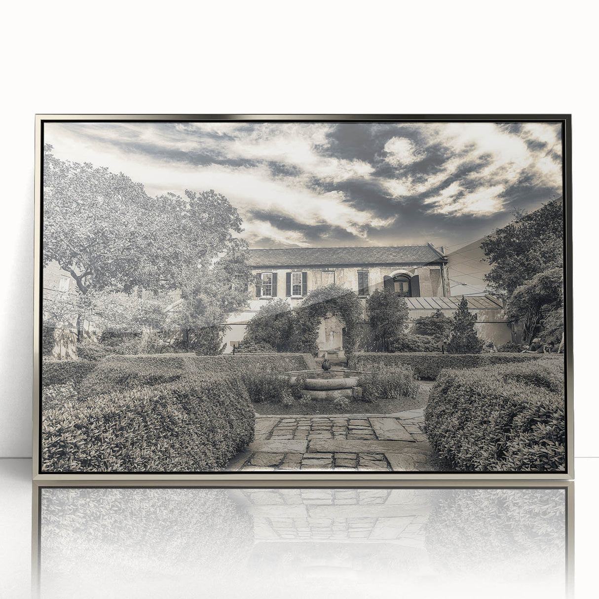 Mid-century modernist art depicting Savannah, Georgia in muted earth tones on a framed acrylic print.