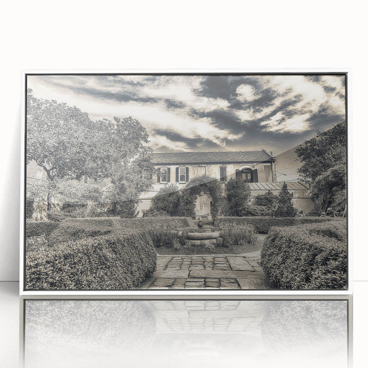 Framed acrylic print of Savannah, Georgia scenery in art deco style, with muted colors, ideal for modern nursery wall art.
