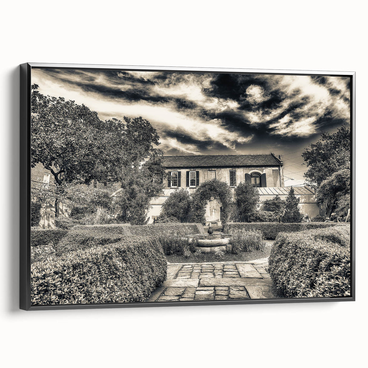 Black and white framed canvas of Savannah landscape, ideal for bedroom wall decor, featuring vintage poster art style.